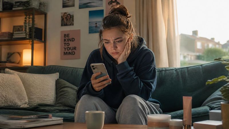 A young person looking at a smartphone surrounded by fitness and wellness imagery