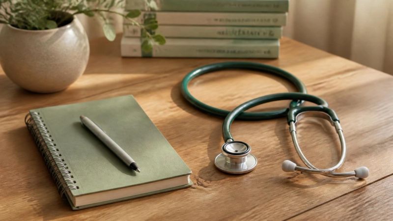 A stethoscope and notebook on a wooden table, representing a GP check-up for anxiety symptoms