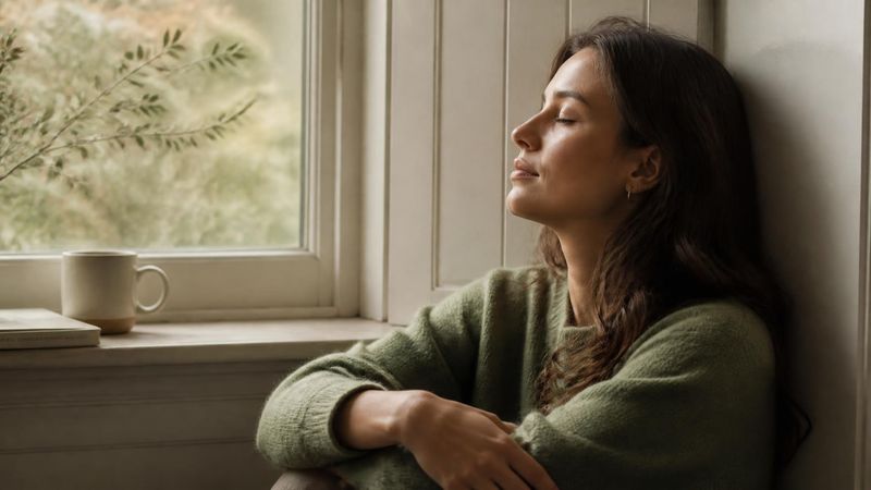 A calm woman resting by a window, representing improved mood and mental health from HRT