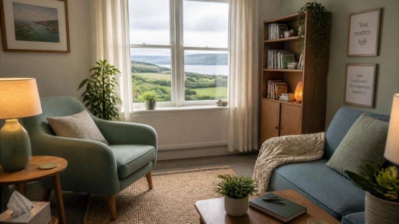A peaceful therapy or consultation room with natural light, representing CBT treatment for fear of flying