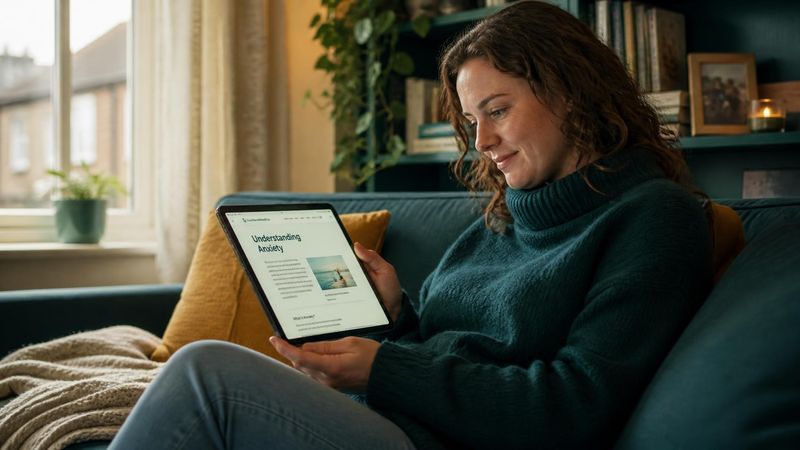 A person reading a mental health FAQ on a tablet