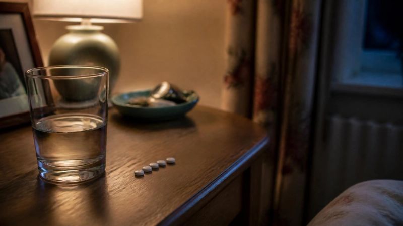 Close-up of a small row of sleeping tablets beside a glass of water on a wooden bedside table, soft night-time lighting