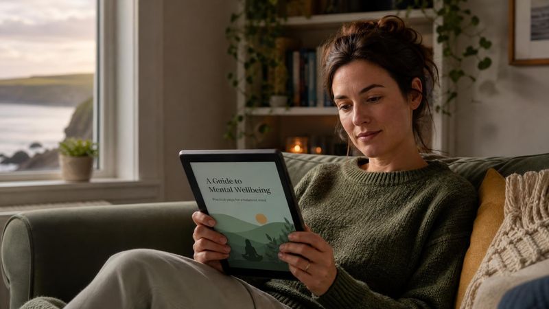 A person reading a mental health guide on a tablet