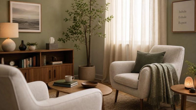 A peaceful therapy room with comfortable seating and soft light, representing ADHD support for women in Ireland