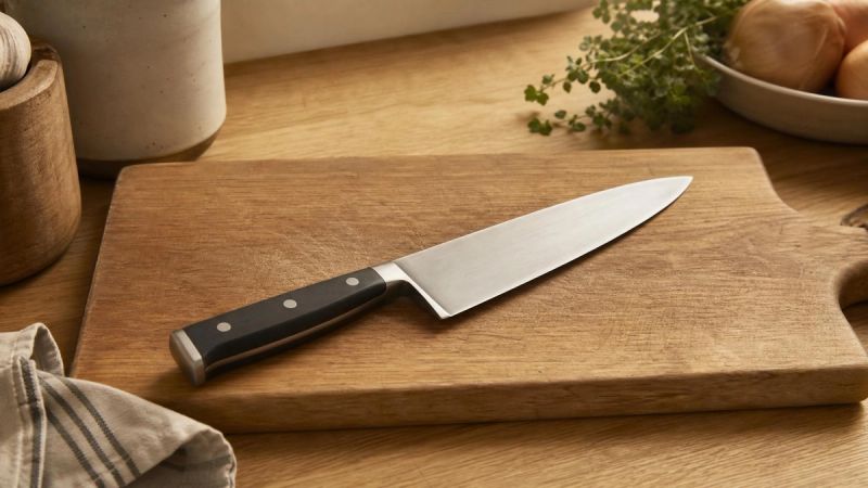 A kitchen knife resting calmly on a wooden board, representing harm OCD fears