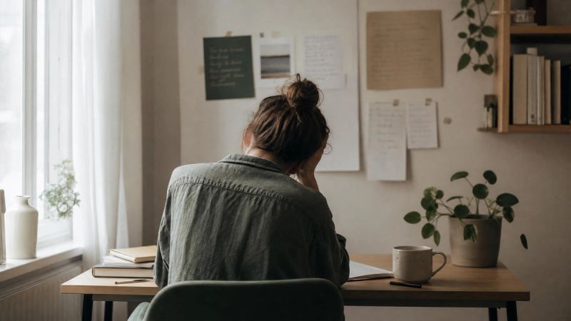 Person sitting alone at a desk with head in hands, representing how self-doubt and perfectionism erode confidence