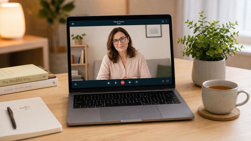 A laptop on a wooden desk with a small green plant, representing online therapy