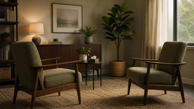 Two empty chairs facing each other in a softly lit therapy space, representing what loneliness therapy looks like