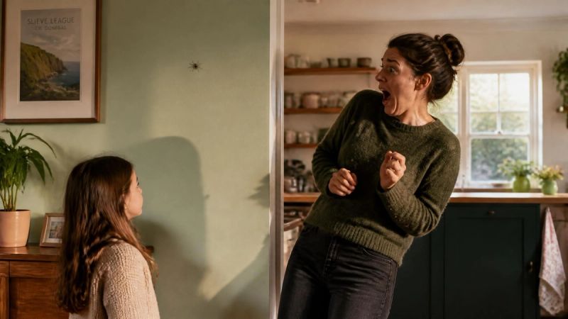 A child watching a parent react fearfully to a spider, illustrating how phobias can be learned