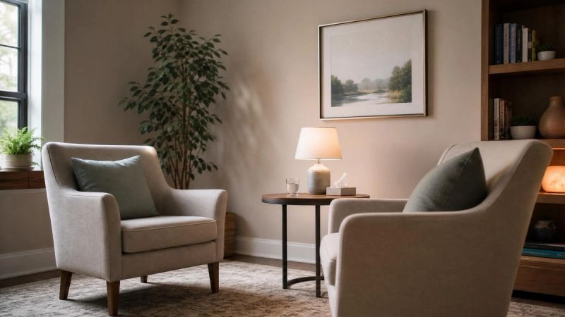 Two comfortable chairs in a warm therapy room, representing a first OCD therapy session in Ireland