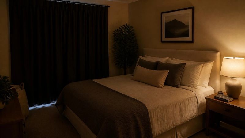 A tidy bedroom with blackout curtains, a book, and a warm bedside lamp, promoting good sleep hygiene