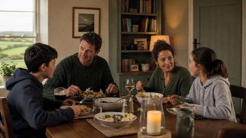 A family sitting together at a dinner table, eating calmly