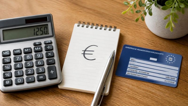 A calculator, notepad with euro symbol, and health insurance card on a wooden table