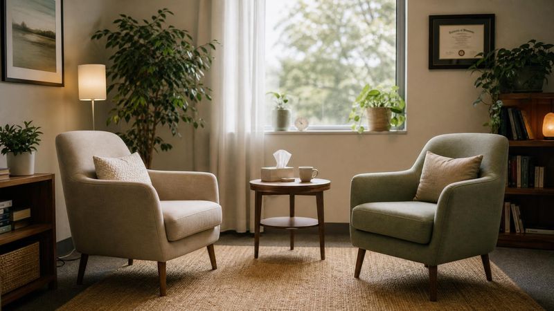 A comfortable therapy room with two chairs and soft light, representing professional support for negative self-talk