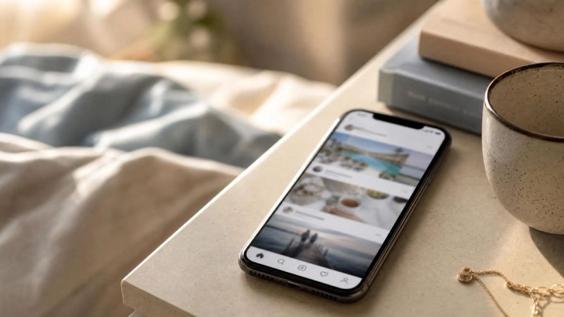 Smartphone showing a social media feed on a bedside table, representing the comparison trap of image-focused apps