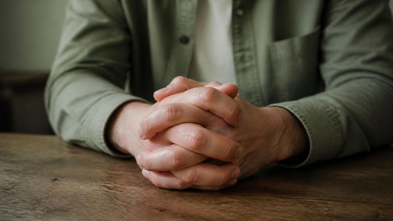 A person's hands clasped tightly on a table, representing anxiety and tension