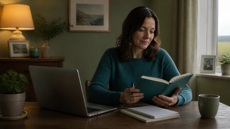A person sitting at a desk with a laptop and a notepad, reading calmly