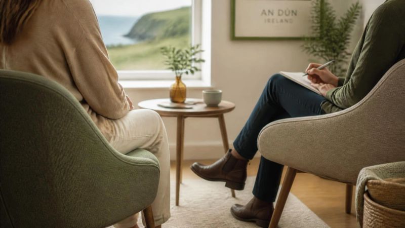 A therapist and client sitting across from each other in a calm therapy room, suggesting CBT and exposure therapy
