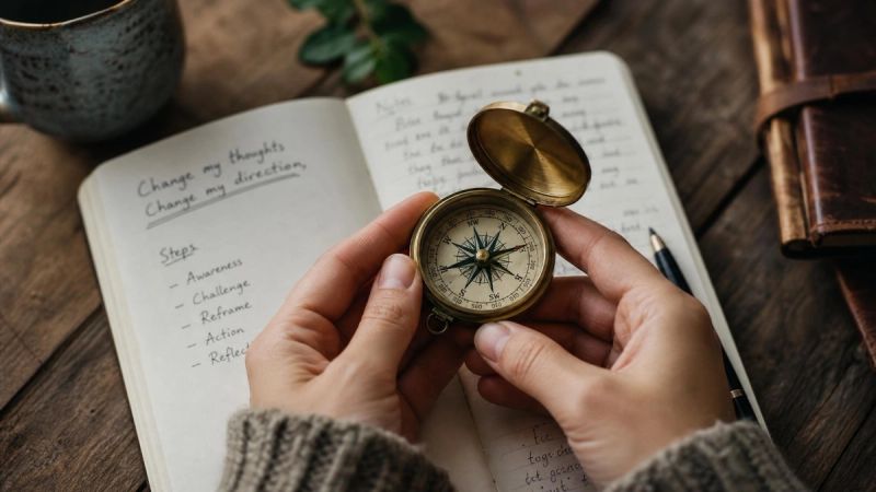 Hands holding a small compass on an open notebook, representing practical techniques for negative self-talk