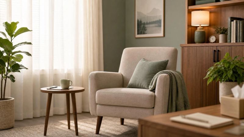 A peaceful therapy-style room with soft natural light and a comfortable chair, representing support options for adult ADHD in Ireland.