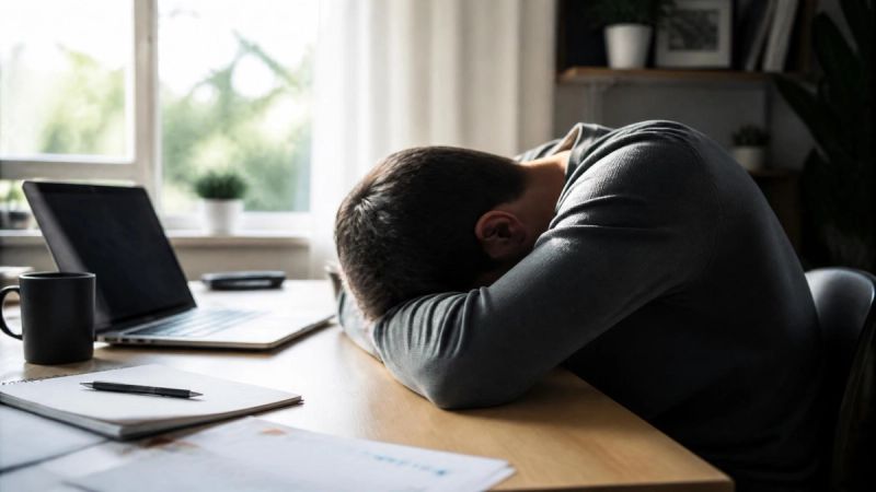 A tired person resting their head on a desk in a home office