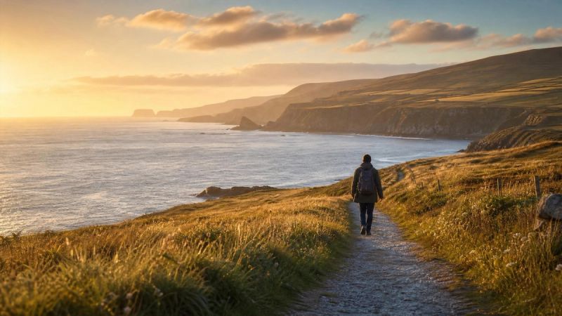 A person walking along a peaceful Irish coastal path at golden hour, representing small steps toward help