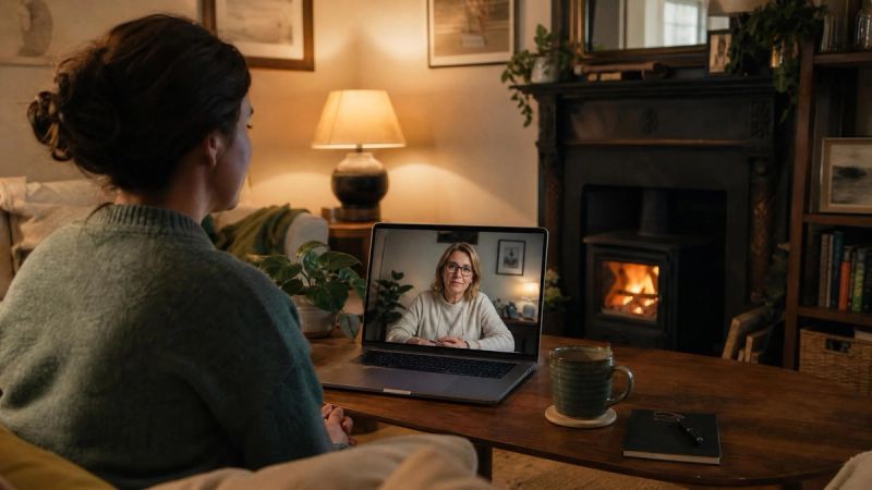 A person having a video call with a therapist on a laptop at home, representing online CBT