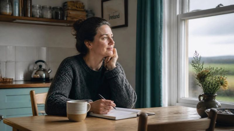 A person sitting alone at a kitchen table with a notebook, reflecting on whether their fear has become a problem