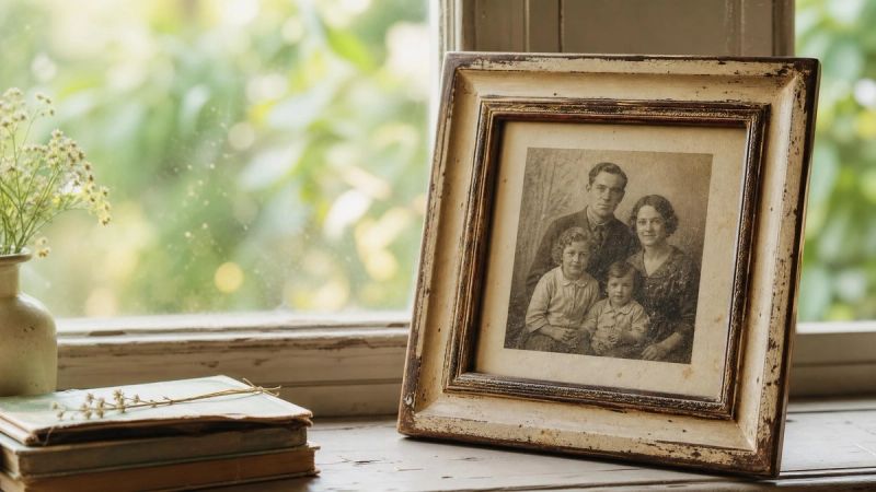 Old family photograph on a windowsill, representing childhood roots of low self-esteem