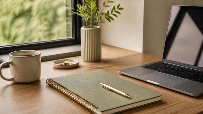 A notebook and pen on a desk near a laptop, representing workplace strategies for brain fog