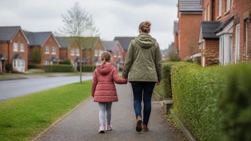 A parent and child walking together on a footpath in an Irish suburb in soft daylight
