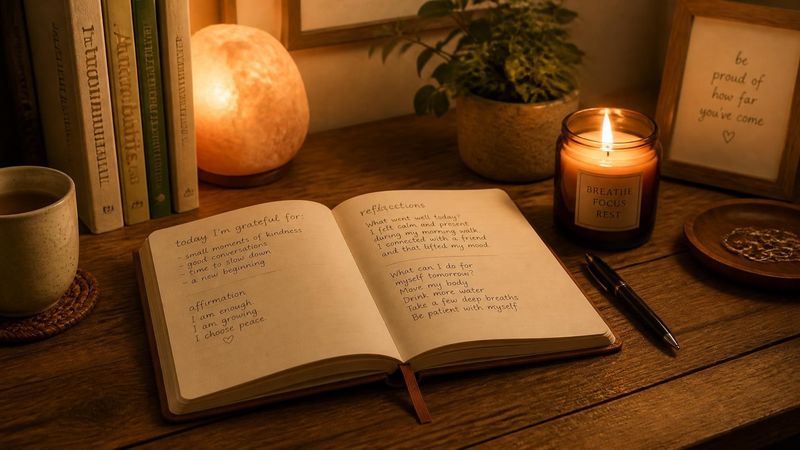 A journal, pen, and a small candle, representing self-help and reflection
