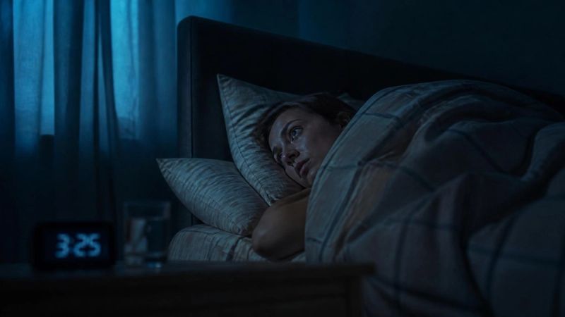 A person lying awake in bed with eyes open, worried expression, soft blue moonlight