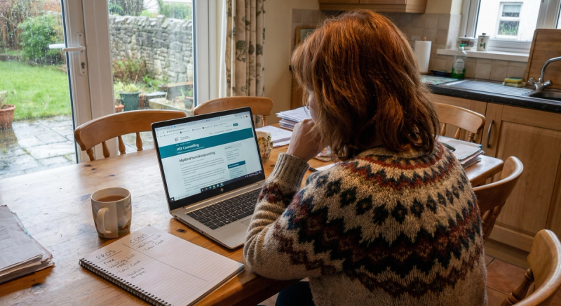 Irish person researching therapy options on laptop