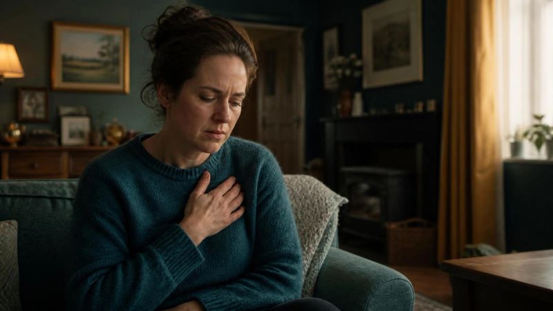 A person holding their chest looking tired, representing physical health strain