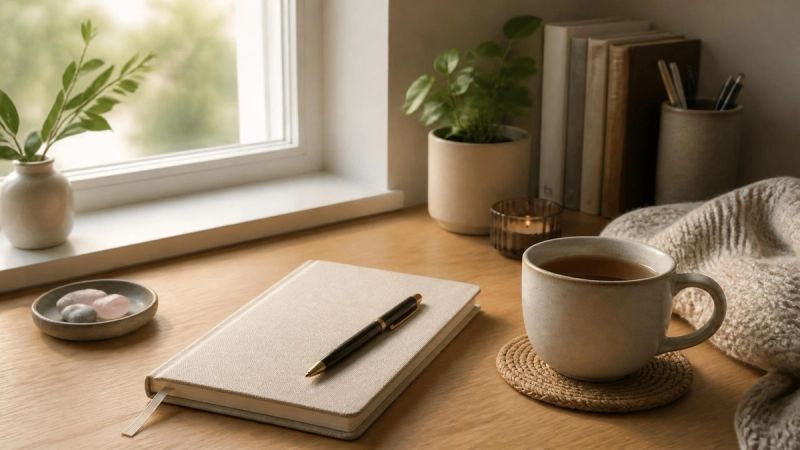 A calm workspace with a journal and a cup of tea