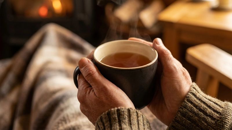 Close-up of parent's hands holding a warm mug of tea, sense of quiet moment