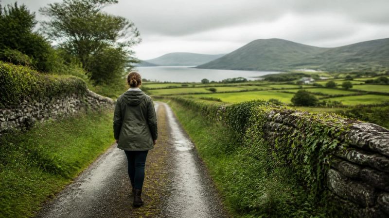 A person walking along a green Irish lane with a coat on, mid-stride