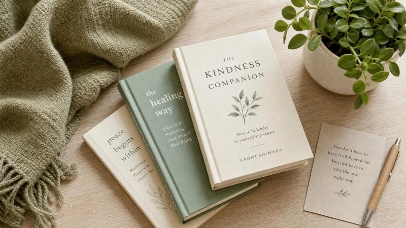 A stack of related books and a soft blanket, suggesting further reading and support