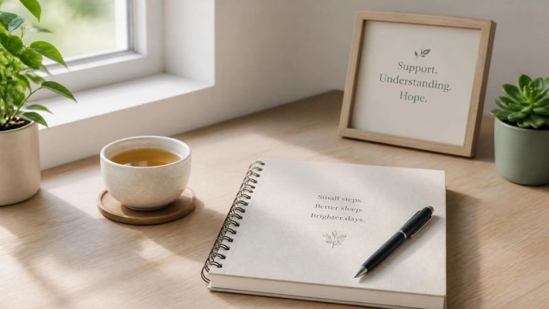 A clean desk with notebook and tea, representing questions and informed choices.
