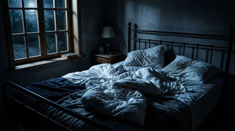 Rumpled bed in moonlight, symbolising trauma nightmares