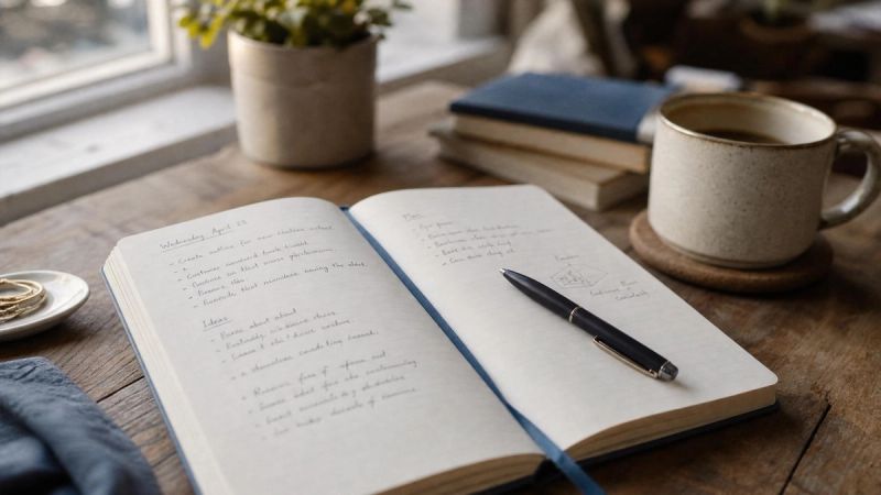 A notebook open to a page with half-finished notes and a pen, representing scattered attention and adult ADHD symptoms.