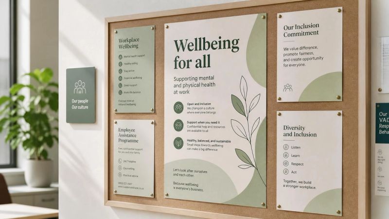 A workplace wellbeing poster on a noticeboard, representing a good menopause policy