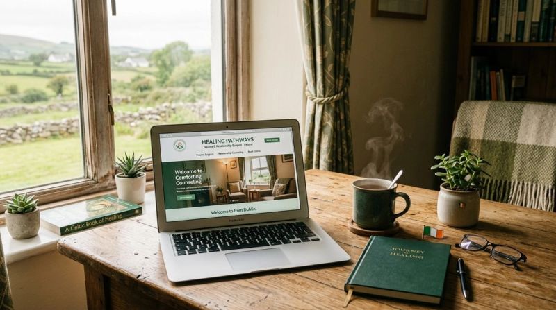 Laptop and tea on a wooden desk, symbolising online trauma and relationship support in Ireland