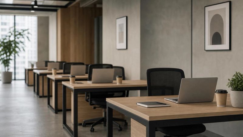 Rows of empty office desks with laptops and coffee cups, representing the impersonal nature of modern workspaces