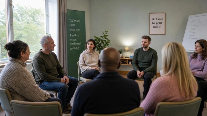 A diverse group of people sitting in a support circle, representing men and women affected by eating disorders