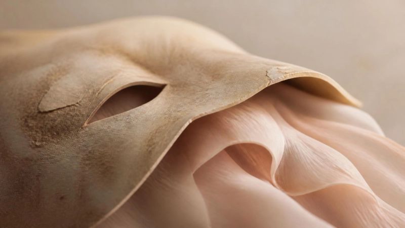 A mask in soft light revealing a gentler face underneath