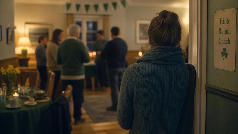 A person standing at the edge of a small gathering, seen from behind, representing social phobia