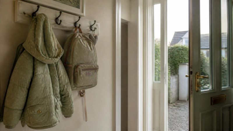 A child's coat and school bag hanging by a front door in an Irish home