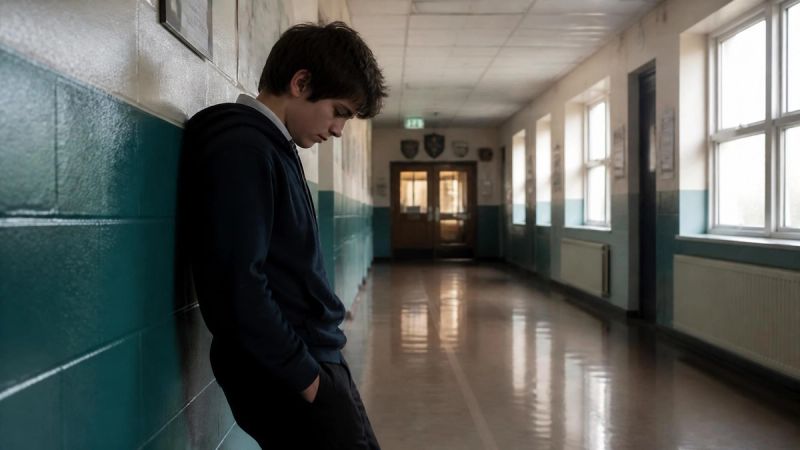 A person standing alone in a school corridor, looking withdrawn